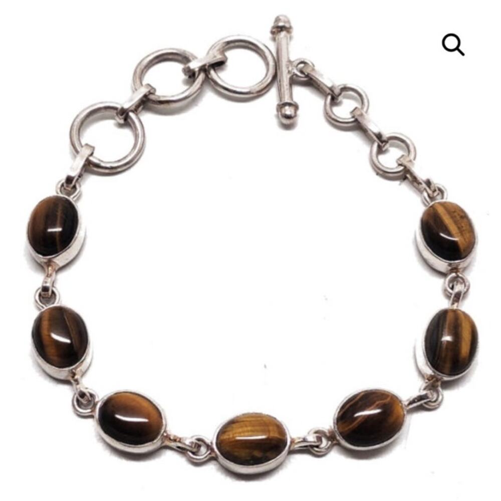 Tiger Eye Oval Sterling Silver 925 Bracelet Brown Toggle